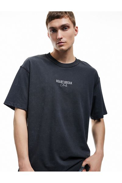 Koton Tricou oversize din bumbac cu mânecă scurtă, cu decolteu, imprimat, lavabil