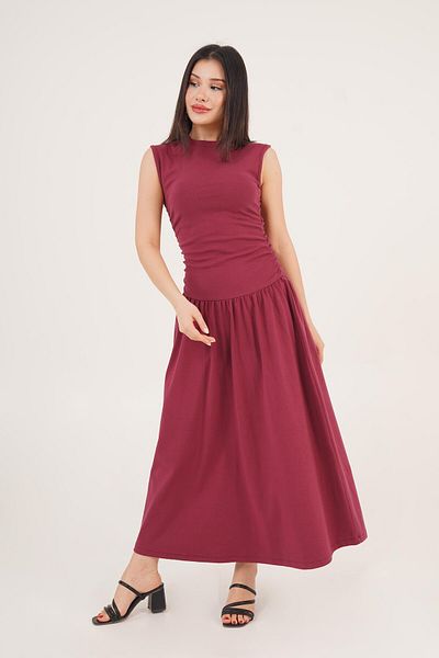 Hipo Trend Sleeveless Burgundy Long Dress with Side Gather Detail