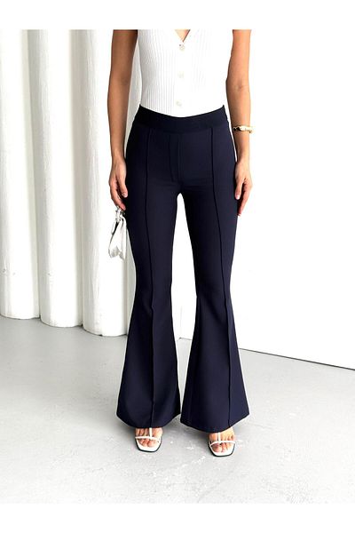 Appleline Women's Elastic Waist Spanish Legged Lawn Trousers Dark Blue