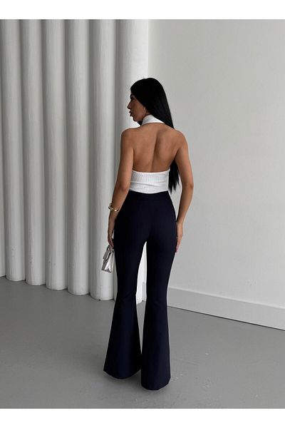 Appleline Women's Elastic Waist Spanish Legged Lawn Trousers Dark Blue