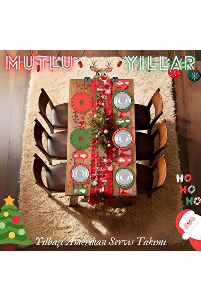 Genel Markalar Yeniyıl Yılbaşı Noel 24 parça 6 kişilik Amerikan Yemek Servis Supla Bardak Altlığı Peçete Çatal Seti