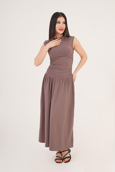 Hipo Trend Sleeveless Coffee Long Dress with Side Gather Detail