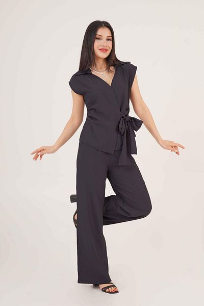 Hipo Trend Side Tie Black Blouse Trousers Double Set