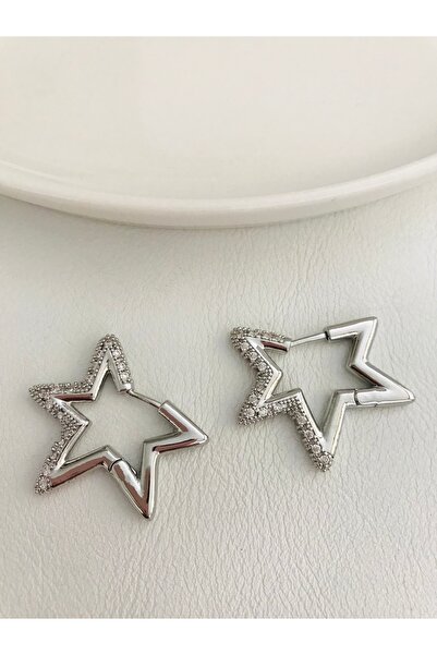 Mercan Aksesuar Yıldız Model Çelik Zirkon Taşlı Küpe 2,5 cm