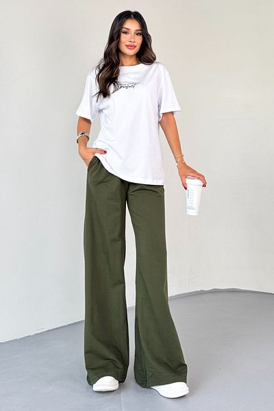 Cappmoda Tkm-0067 Khaki Perfect Written Injection Printed T-Shirt Loose Trousers Two-Piece Set