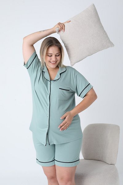Miss Dünya Lissa Shirt Collar Front Buttoned Plus Size Shorts Knitted Fabric Pajama Set