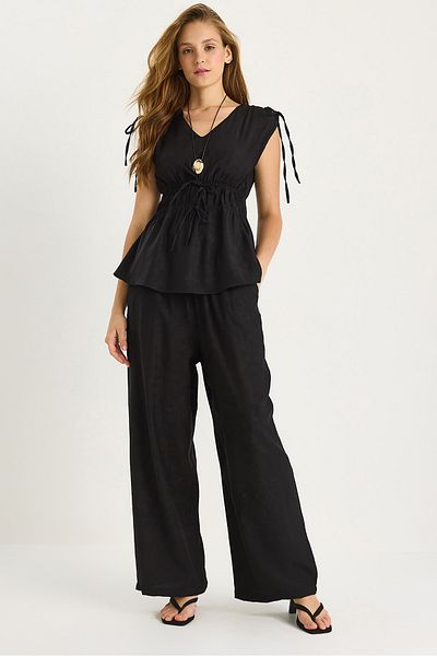 Bianco Lucci Women's V-Neck Gathered Waist Sleeve Detailed Blouse Loose Pants Suit 9345 60281081