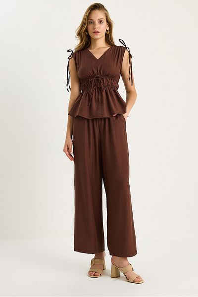 Bianco Lucci Women's V-Neck Gathered Waist Sleeve Detailed Blouse Loose Pants Suit 9345 60281081