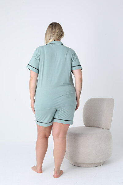 Miss Dünya Lissa Shirt Collar Front Buttoned Plus Size Shorts Knitted Fabric Pajama Set