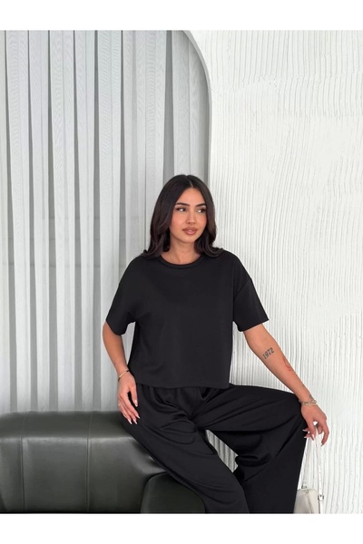 MODA Osy Modal Soft Textured Fabric Crew Neck T-shirt Φαρδύ παντελόνι Pantalon διπλό κοστούμι - Μαύρο