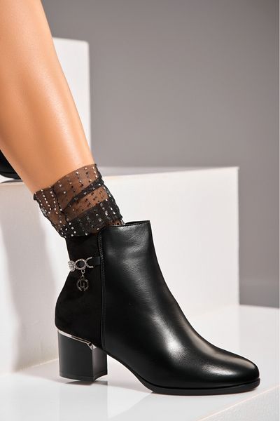 Joana Women's Black Fur-lined Ankle Boots Made of Esra Ecological Leather