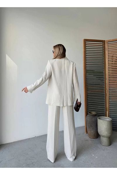 BBbutik Linen Jacket Trousers Buttoned Long Sleeve Slit Double Set - White
