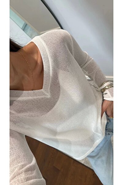 CVS V-Neck Long Sleeve Knitwear Slim Blouse - White