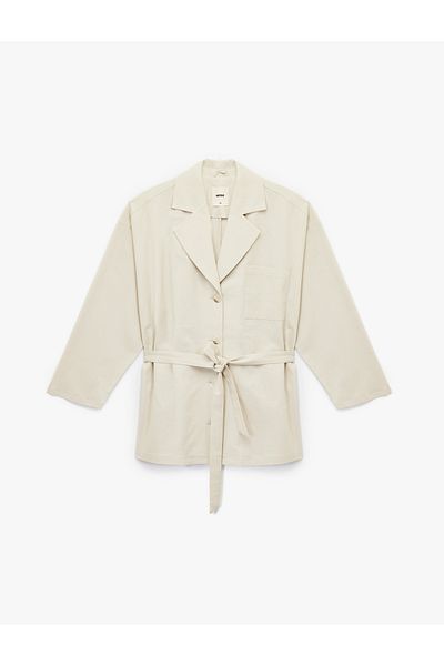 Koton Long Sleeve Buttoned Belted Pocket Detailed Linen Oversize Jacket