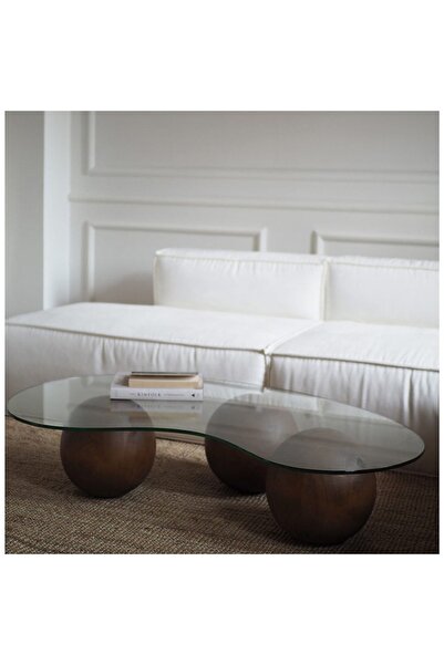 Hitit Dekorasyon Fasülye Küre Ahşap Cam Orta Sehpa Kahverengi