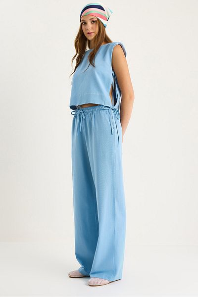 Bianco Lucci Women's Padded Side Tie Blouse with Elastic Waist Loose Trousers Linen Suit 9389 60281084
