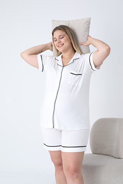 Miss Dünya Lissa Gömlek Yaka Önden Düğmeli Büyük Beden Şortlu Örme Kumaş Pijama Takımı