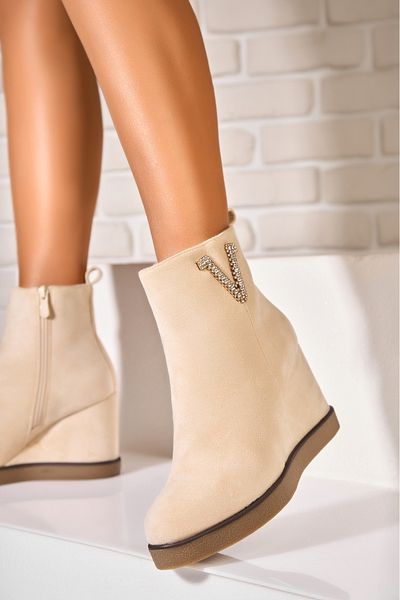 Joana Women's Beige Fur-lined Ankle Boots Made of Eco-Suede Leather Estella