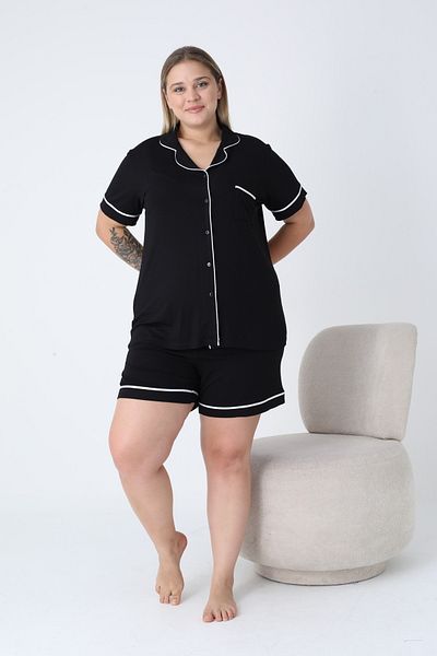 Miss Dünya Lissa Shirt Collar Front Buttoned Plus Size Shorts Knitted Fabric Pajama Set