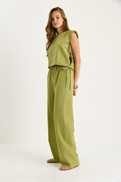 Bianco Lucci Women's Padded Side Tie Blouse with Elastic Waist Loose Trousers Linen Suit 9389 60281084