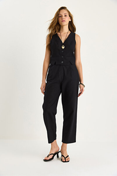 Bianco Lucci Women's Slit Detailed Vest Loose Pants Linen Bottom-Top Set 9359 60281082