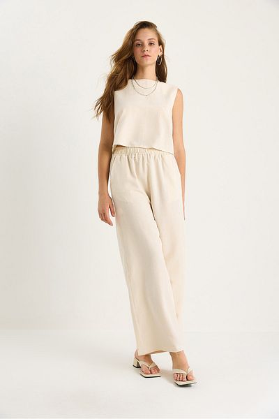 Bianco Lucci Women's Thick Strap Blouse Elastic Waist Pocket Detailed Loose Trousers Linen Suit 9384 60281086
