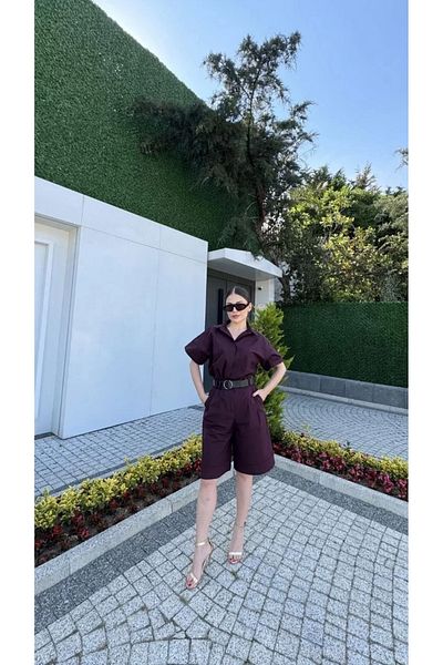 BBbutik Set cămașă cu guler și pantaloni scurți cu curea pentru damă - Roșu Claret