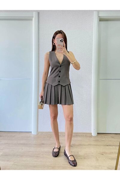 ELLA Linen Suit Look Mini Dress with Button Detail Vest - Claret Red