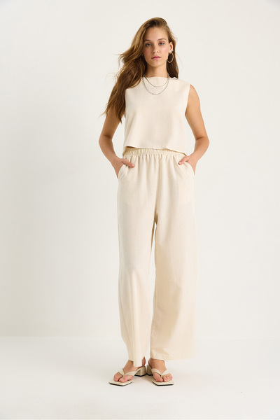 Bianco Lucci Women's Thick Strap Blouse Elastic Waist Pocket Detailed Loose Trousers Linen Suit 9384 60281086