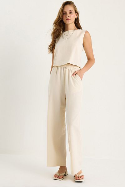 Bianco Lucci Women's Thick Strap Blouse Elastic Waist Pocket Detailed Loose Trousers Linen Suit 9384 60281086