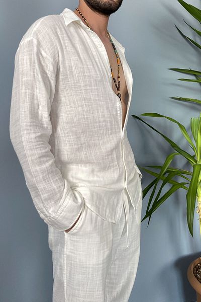 Alışveriş Sokağı Oversize Summer Ecru Muslin Fabric Shirt Trousers Double Set