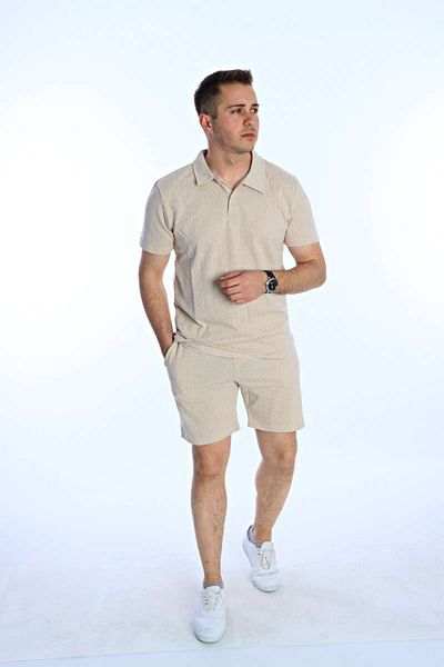 Benim Denim Collared Striped Shorts Set Cream