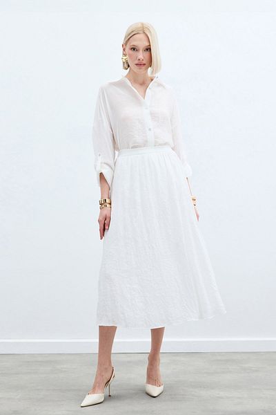 Sateen Kraşlı Flared Skirt - Ecru