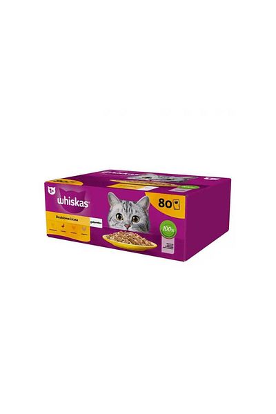 Whiskas Adult wet cat food sachets in aspic 80x85g with: chicken, duck, poultry, turkey