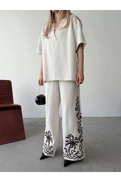 BBbutik Linen Short Sleeve V-Neck Blouse Trousers Double Set- White