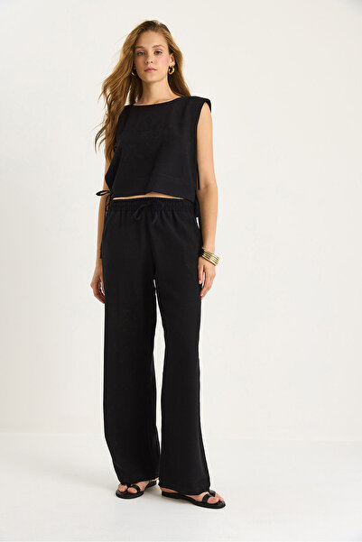 Bianco Lucci Women's Padded Side Tie Blouse with Elastic Waist Loose Trousers Linen Suit 9389 60281084