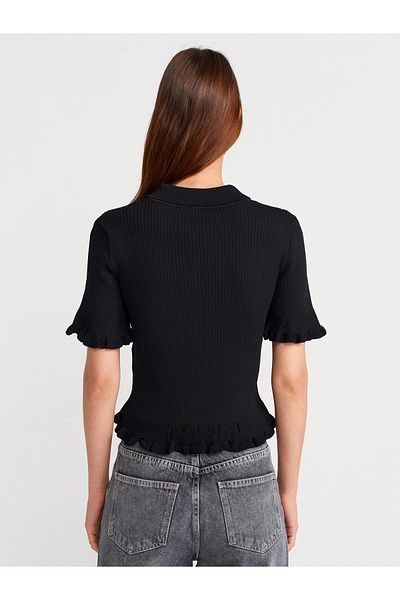 Dilvin 10780 Polo Neck Button Ruffle Knitwear Blouse-Black