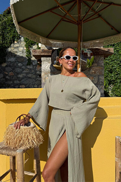 Purple by Banu Derin Yırtmaç Detay Etek Crop Takım