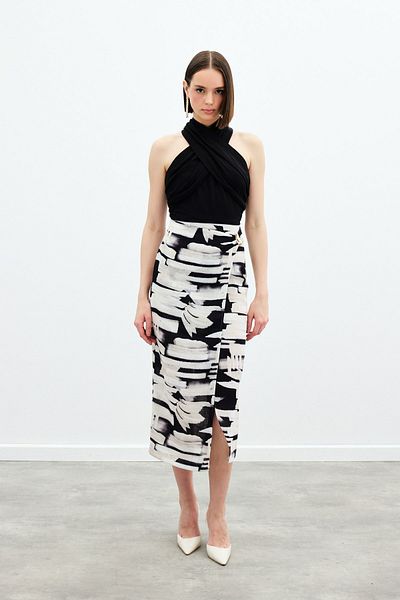 Sateen Patterned Linen Pencil Skirt - Black