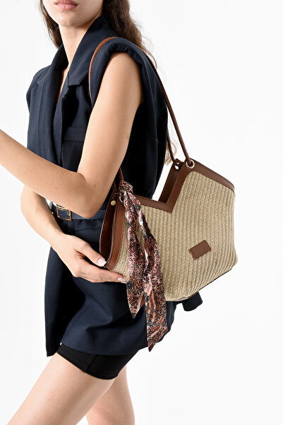 Zealous Geantă de umăr cu fermoar din paie pentru femei, cu detaliu de eșarfă leopard