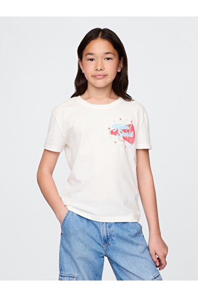 GAP Kız Çocuk Beyaz Grafik Baskılı T-Shirt