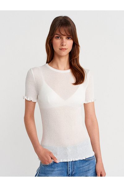 Dilvin 10783 Crew Neck Ruffled Slim Knitwear Blouse-Ecru