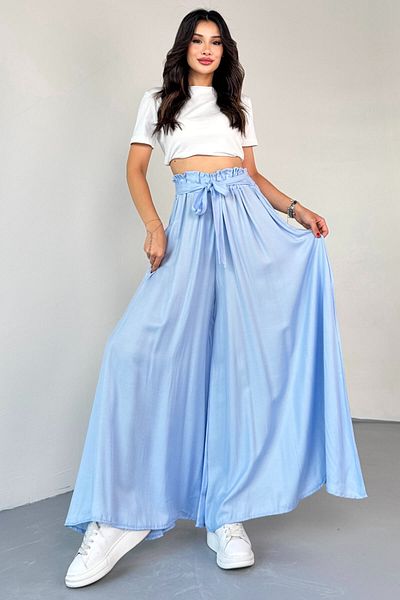 Cappmoda Pnt-07410 Baby Blue Woven Belted Shalwar Skirt Trousers