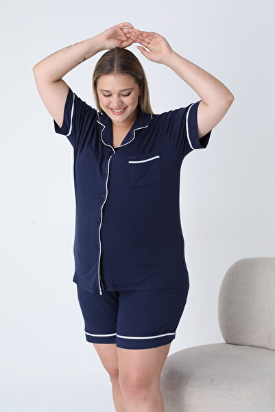 Miss Dünya Lissa Gömlek Yaka Önden Düğmeli Büyük Beden Şortlu Örme Kumaş Pijama Takımı