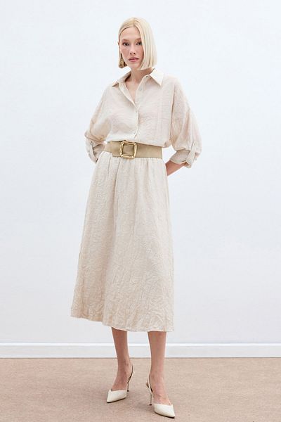 Sateen Kraşlı Flared Skirt - Beige