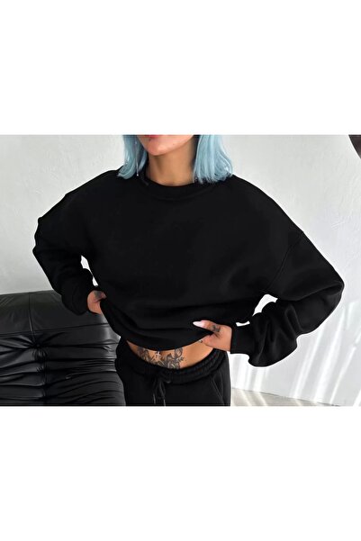 Bijuterria Winter Crew Neck Three Thread Basic Sweatshirt - Black
