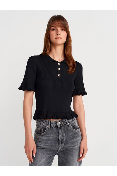 Dilvin 10780 Polo Neck Button Ruffle Knitwear Blouse-Black