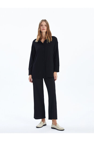 LC Waikiki Black Textured Women's Trousers with Elastic Waist