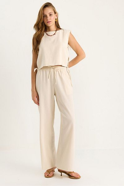 Bianco Lucci Women's Padded Side Tie Blouse with Elastic Waist Loose Trousers Linen Suit 9389 60281084