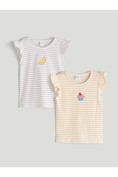 LC Waikiki Nevavm Farklı Renkler Oval Neck Striped Girls' T-Shirt 2-Pack